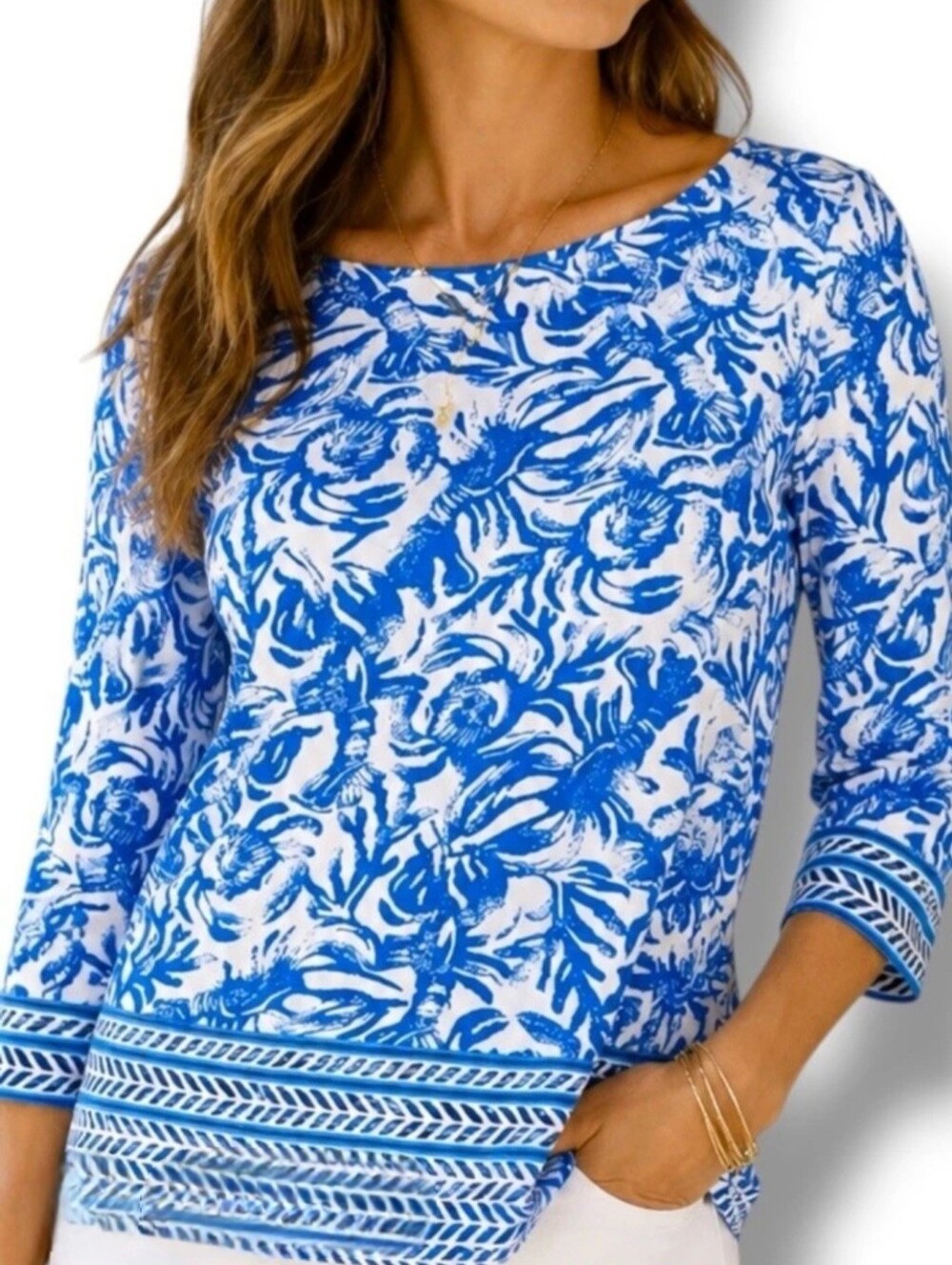 Lilly Pulitzer Blue & White Printed Boatneck Tunic Large Coastal Beach Sea Life